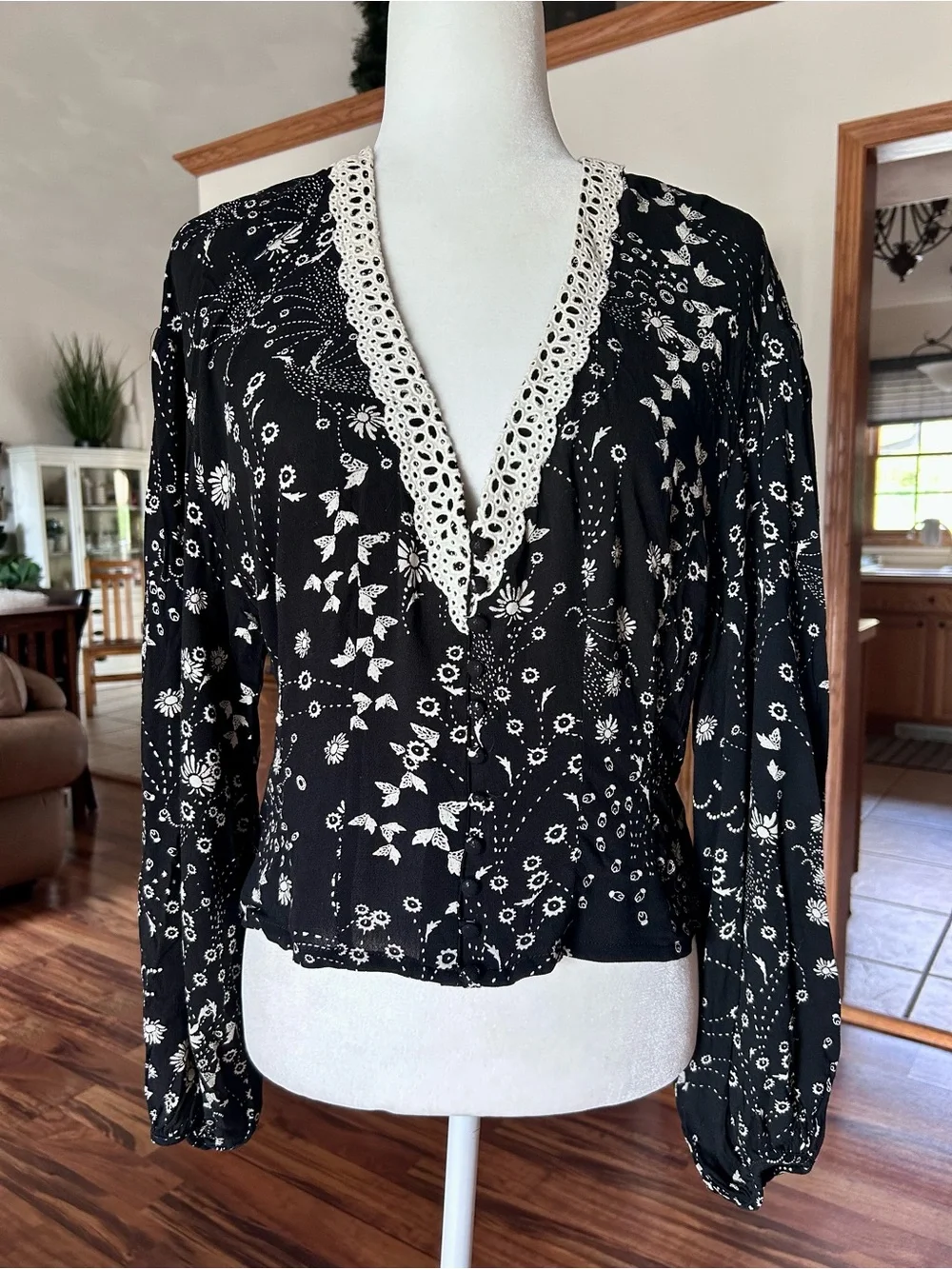 Free People Black Floral Button-Up Blouse with Cream Crochet Trim